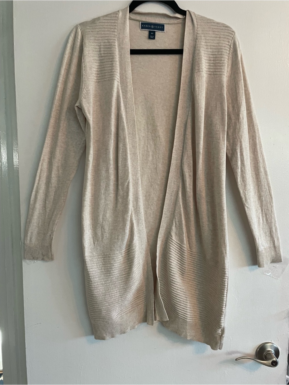 Karen Scott Open-Front Long Cardigan in Light Cream